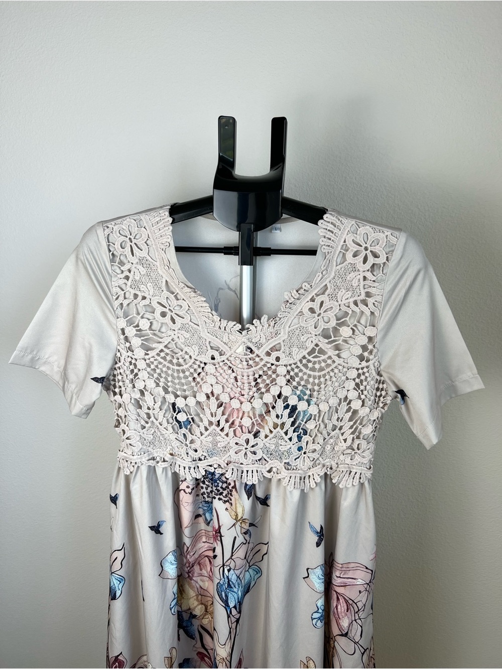 Boho Floral Lace Midi Dress Large Whimsical Beige Cottagecore Prairie Flowy - Picture 3 of 9